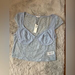 Garage Light Blue Lace Short Sleeve Top